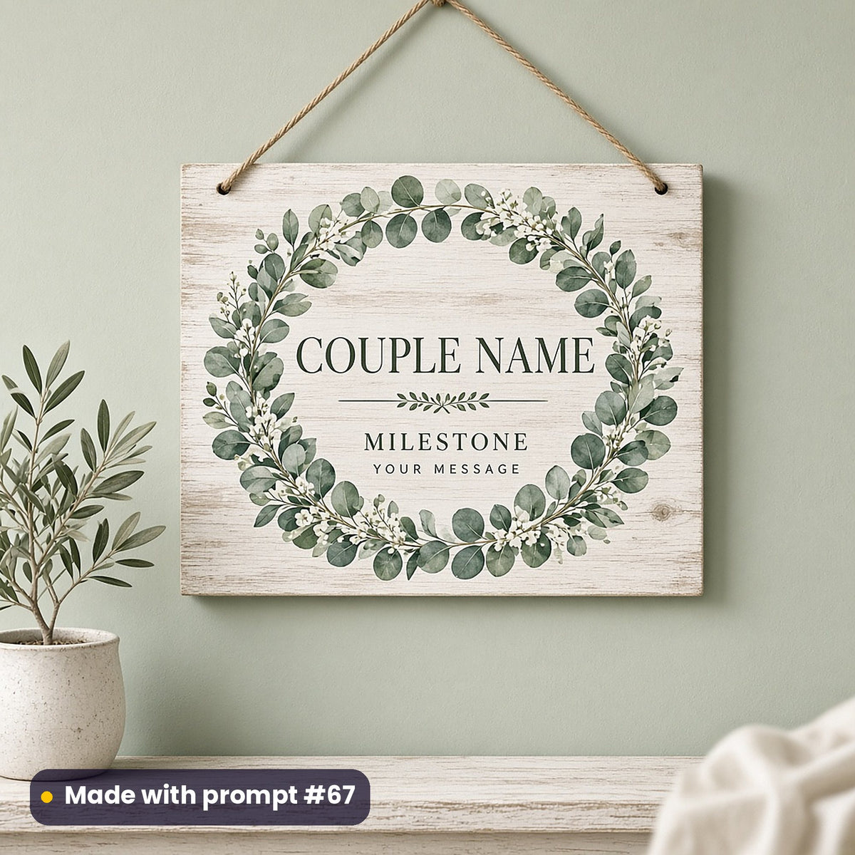 Whitewashed hanging plaque printed with a eucalyptus wreath around COUPLE NAME, MILESTONE and YOUR MESSAGE placeholder text, on a sage wall, made with prompt #67