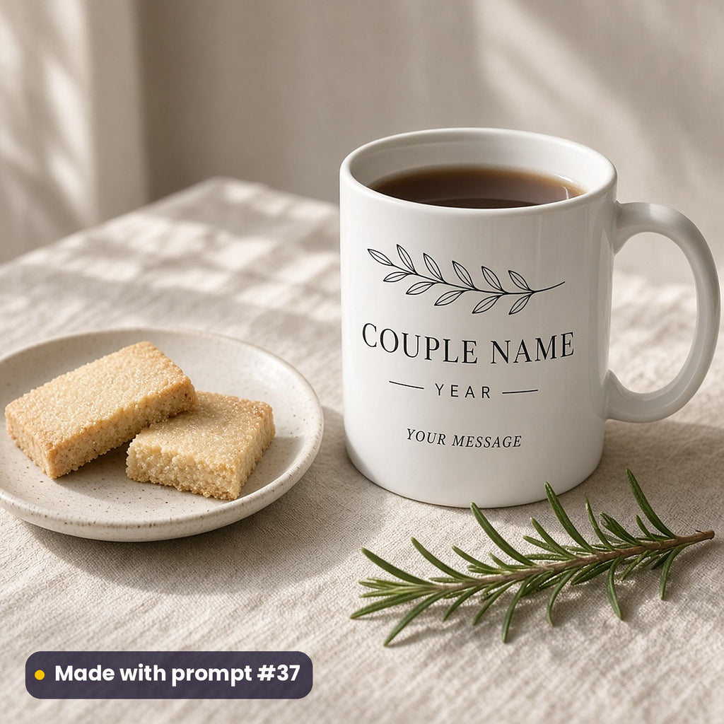 White mug printed with a line-art laurel sprig above COUPLE NAME, YEAR and YOUR MESSAGE placeholder text, beside shortbread, made with prompt #37