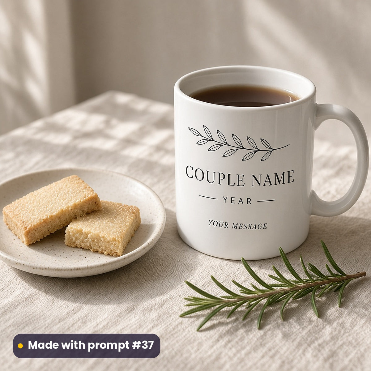 White mug printed with a line-art laurel sprig above COUPLE NAME, YEAR and YOUR MESSAGE placeholder text, beside shortbread, made with prompt #37