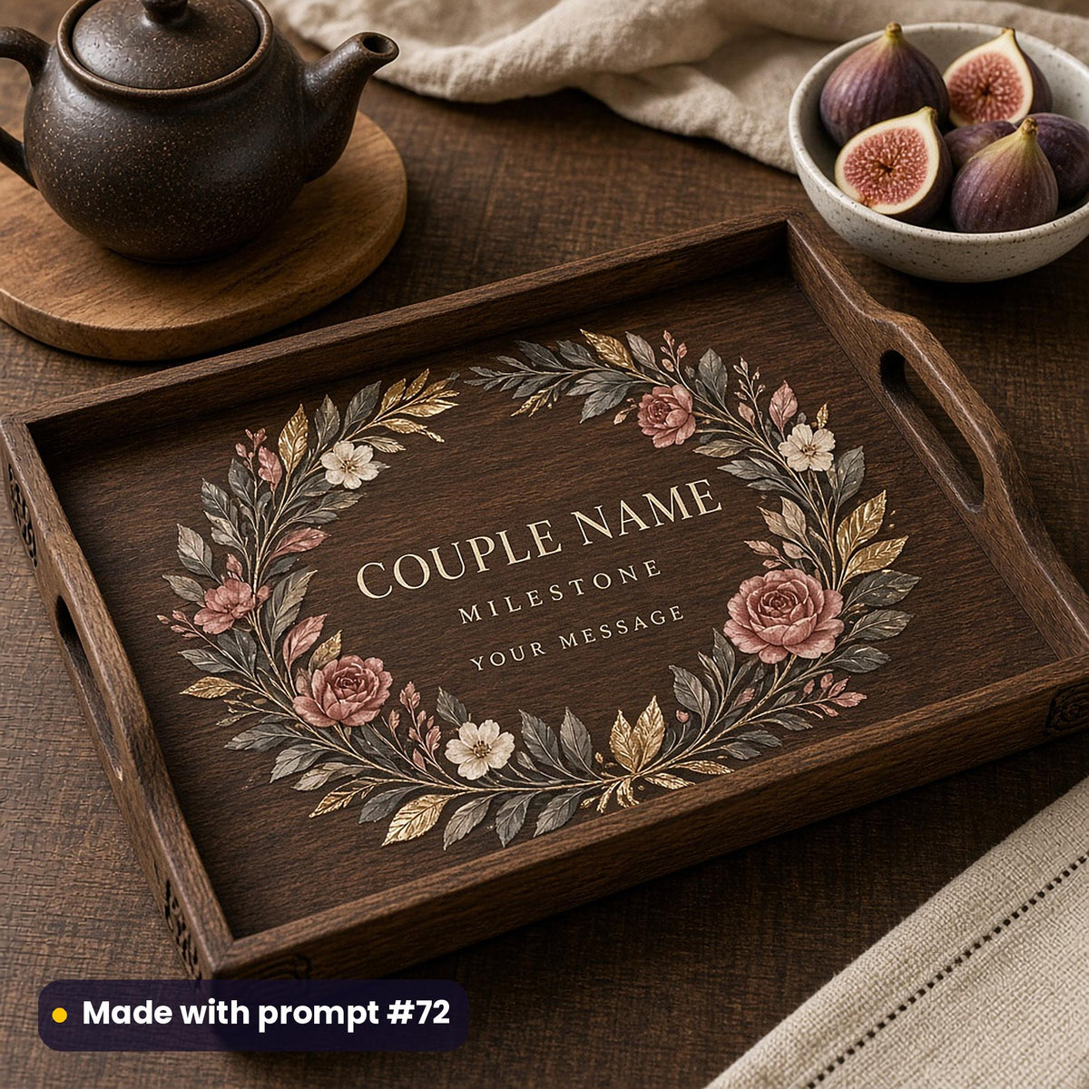 Dark wooden tray printed with a gilded leaf and dusky rose wreath around COUPLE NAME, MILESTONE and YOUR MESSAGE placeholder text, beside figs, made with prompt #72