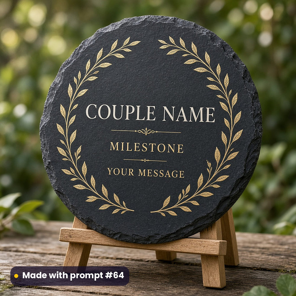 Round slate sign on an easel printed with a gold laurel wreath around COUPLE NAME, MILESTONE and YOUR MESSAGE placeholder text, in a garden, made with prompt #64