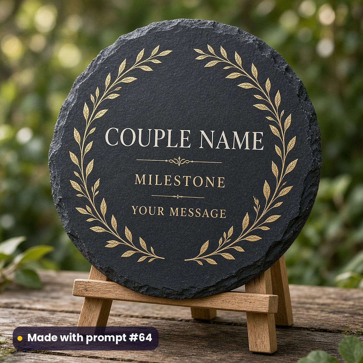 Round slate sign on an easel printed with a gold laurel wreath around COUPLE NAME, MILESTONE and YOUR MESSAGE placeholder text, in a garden, made with prompt #64
