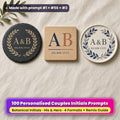 Three personalised initials coasters on linen: a slate coaster with a gold laurel circle, an oak coaster with navy and copper paired initials and a ceramic coaster with a sapphire leaf circle, reading A & B and DD.MM.YYYY as placeholder text, made with prompt #1 + #56 + #3