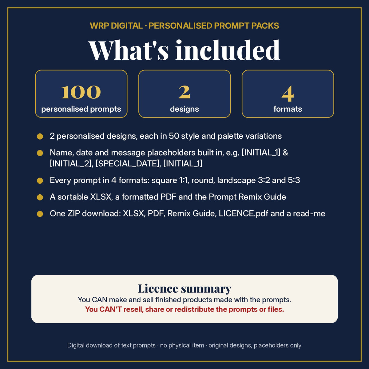 What's included: 100 personalised prompts, 2 designs with name, date and message placeholders, 4 formats (square, round, 3:2, 5:3), XLSX and PDF, Prompt Remix Guide, ZIP, and a licence summary