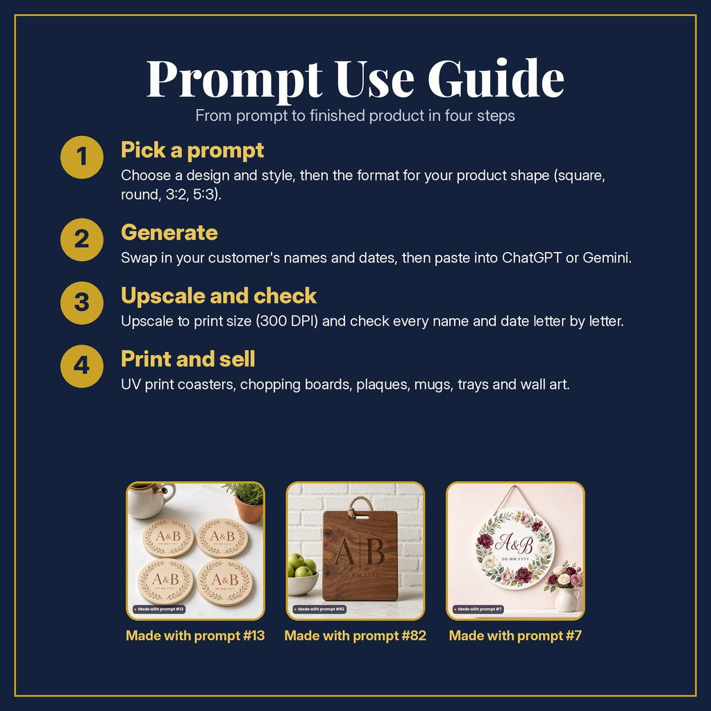 Prompt Use Guide in four steps: pick a prompt, generate, upscale and check, print and sell, with example products made with prompt #13, prompt #82, prompt #7