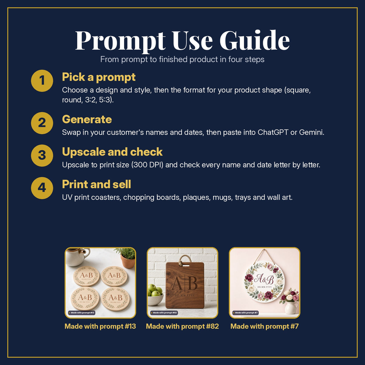 Prompt Use Guide in four steps: pick a prompt, generate, upscale and check, print and sell, with example products made with prompt #13, prompt #82, prompt #7