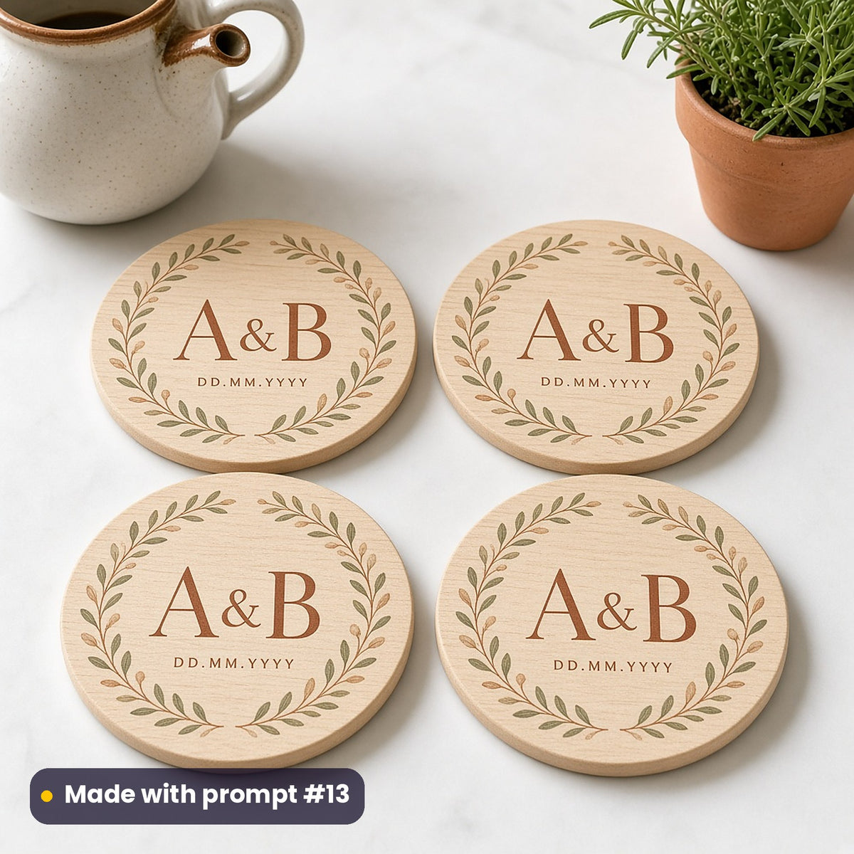 Four round beech coasters printed in terracotta and sage with a leaf circle around A & B and DD.MM.YYYY placeholder text, beside a coffee pot and herbs, made with prompt #13