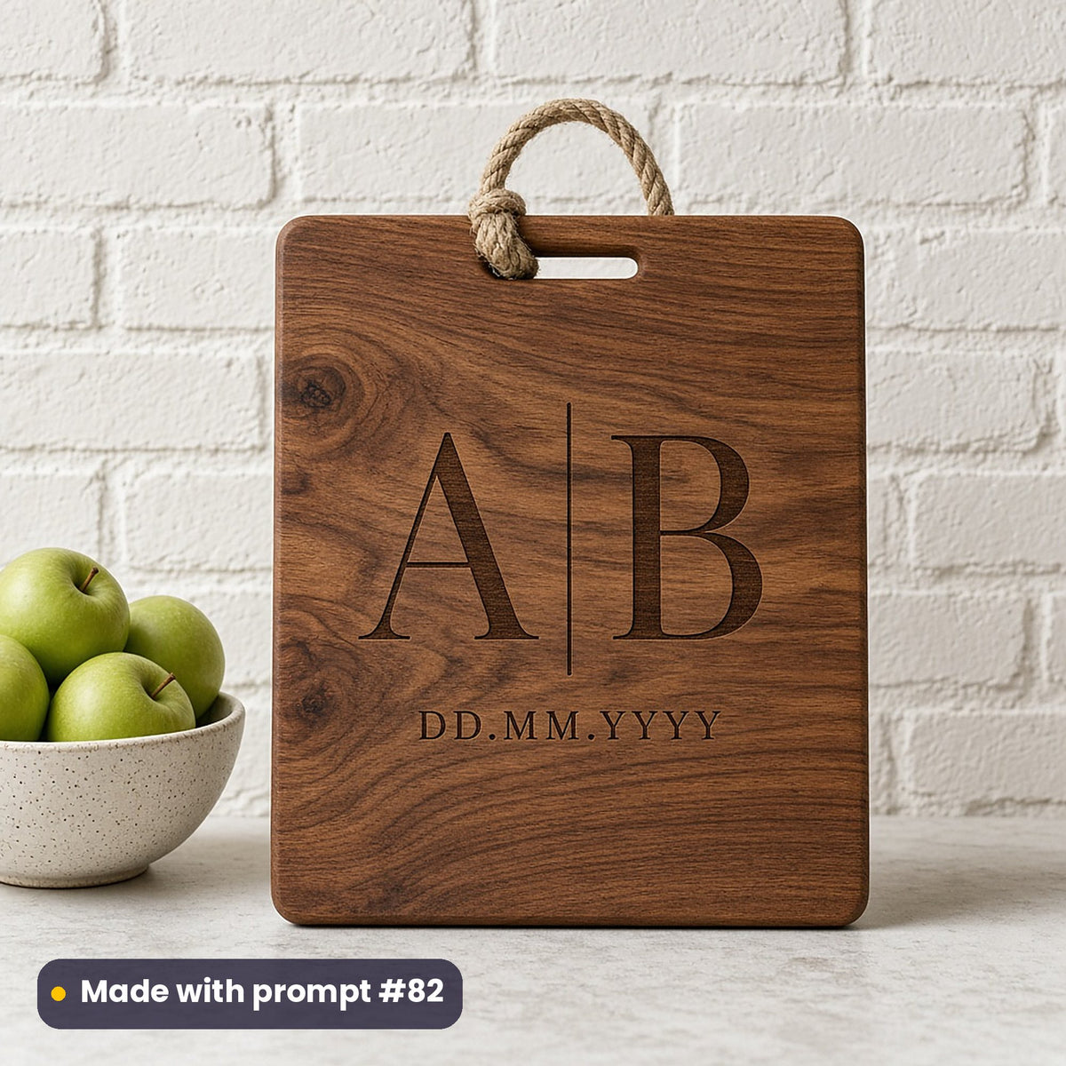 Walnut chopping board engraved with large A and B initials divided by a fine line above DD.MM.YYYY placeholder text, beside green apples, made with prompt #82