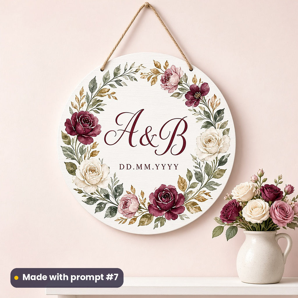 Round white plaque printed with a watercolour rose wreath around script A & B initials and DD.MM.YYYY placeholder text, on a blush wall, made with prompt #7