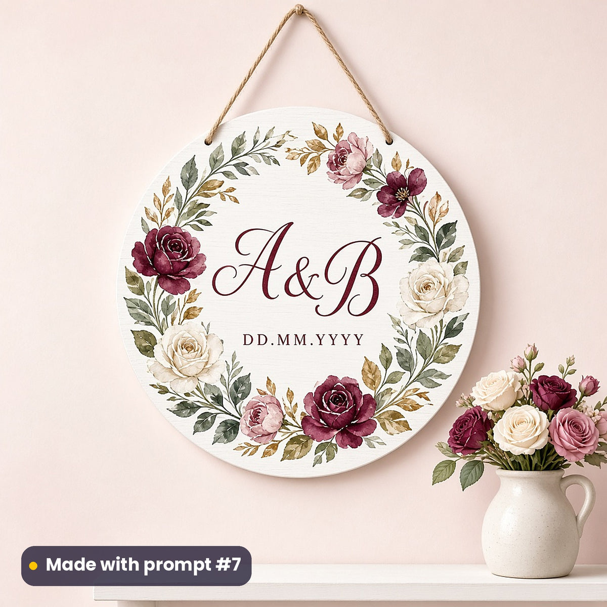 Round white plaque printed with a watercolour rose wreath around script A & B initials and DD.MM.YYYY placeholder text, on a blush wall, made with prompt #7