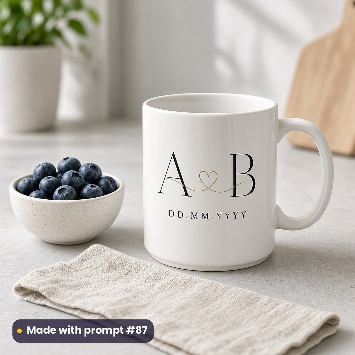 White mug printed with thin-line A and B initials joined by a small gold heart above DD.MM.YYYY placeholder text, beside blueberries, made with prompt #87