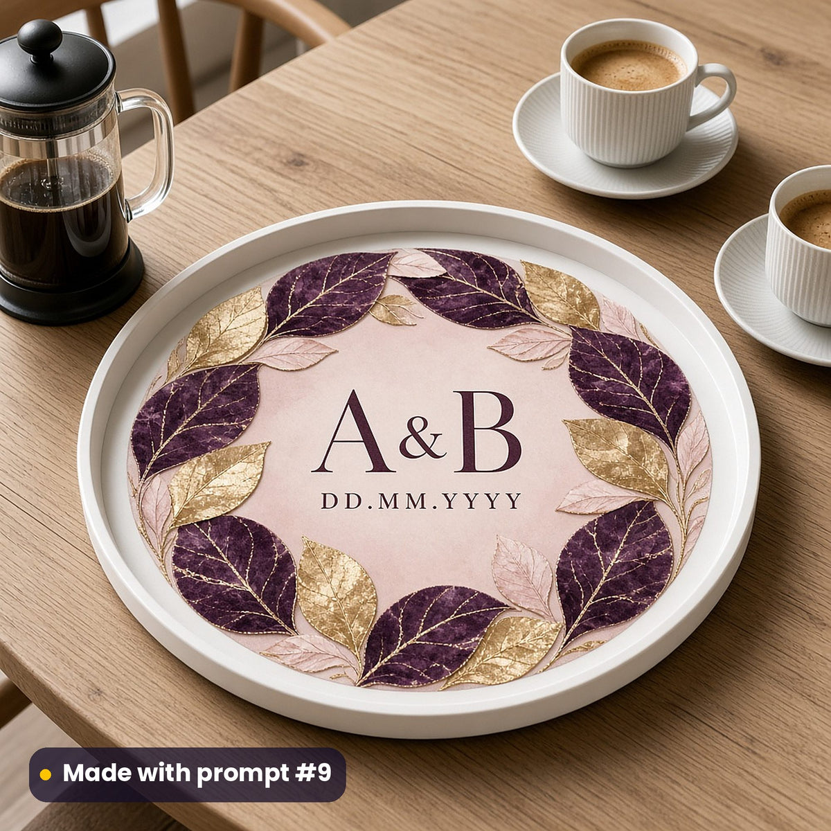 Round white tray printed with plum, gold and blush marble-textured leaves around A & B and DD.MM.YYYY placeholder text, beside coffee cups, made with prompt #9