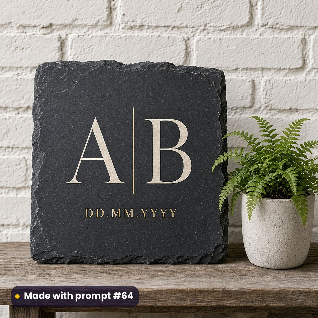 Square slate sign printed in ivory and gold with A and B initials divided by a gold line above DD.MM.YYYY placeholder text, beside a fern, made with prompt #64