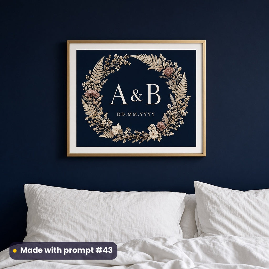 Framed wall art of a pressed flower and fern ring on midnight blue around A & B and DD.MM.YYYY placeholder text, above a bed, made with prompt #43