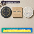 Three personalised couples coasters on linen: a slate coaster with a gold laurel ring, an oak coaster with a small heart and a ceramic coaster with a fine constellation, reading NAME & NAME, DD.MM.YYYY, 00.0000° N 00.0000° W and PLACE NAME as placeholder text, made with prompt #1 + #58 + #12