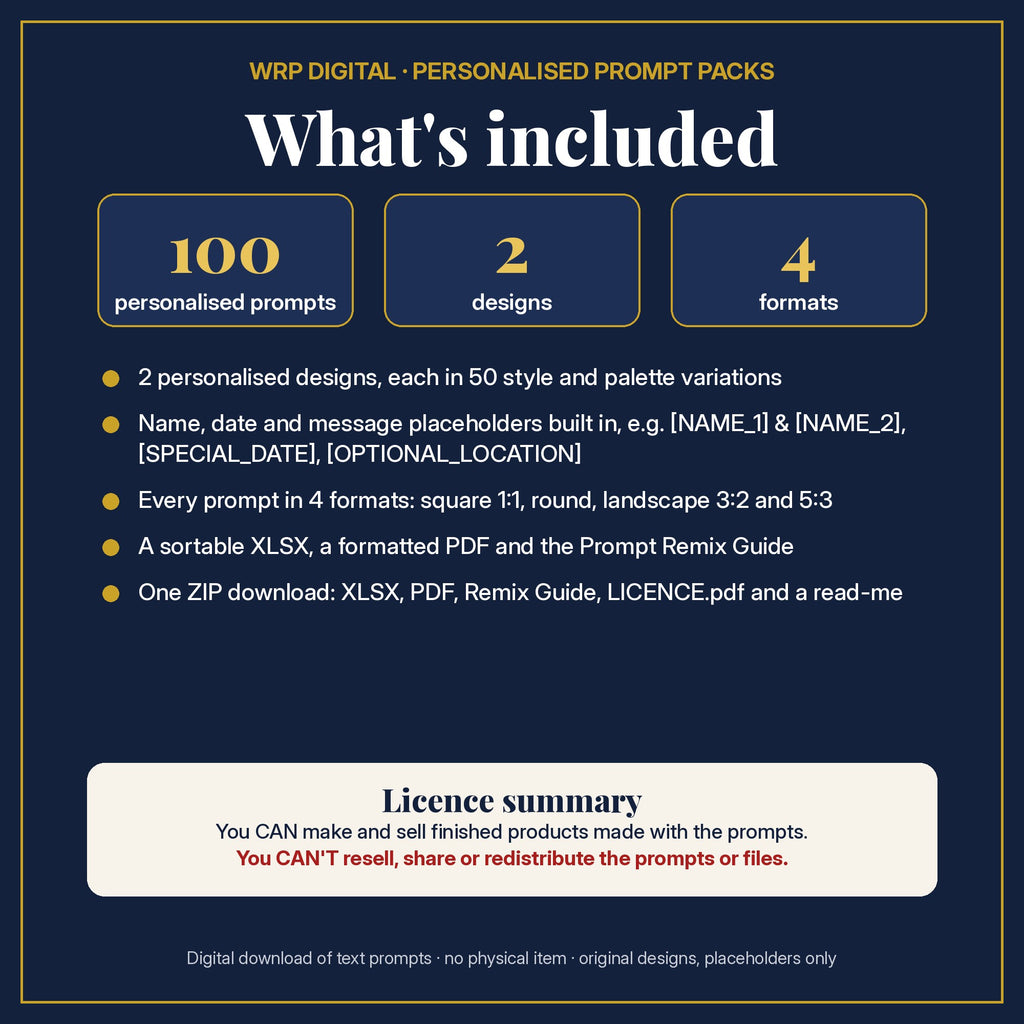 What's included: 100 personalised prompts, 2 designs with name, date and message placeholders, 4 formats (square, round, 3:2, 5:3), XLSX and PDF, Prompt Remix Guide, ZIP, and a licence summary