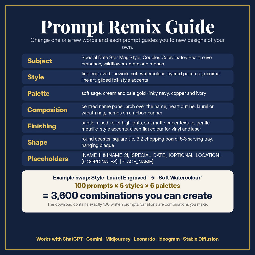 Prompt Remix Guide: change subject, style, palette, composition, finishing, shape and placeholders; 100 prompts × 6 styles × 6 palettes = 3,600 combinations you can create
