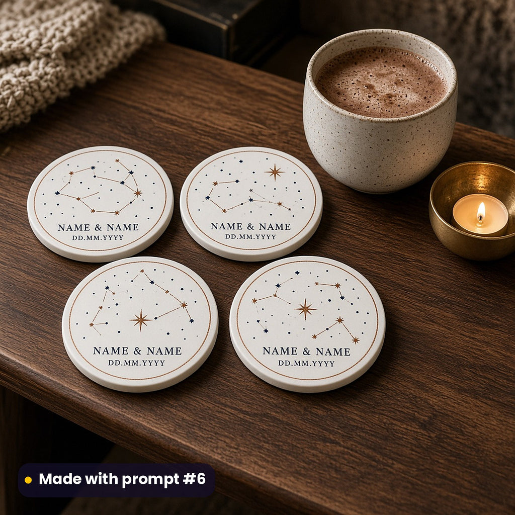 Four round ceramic coasters printed with fine constellation lines above NAME & NAME and DD.MM.YYYY placeholder text, beside hot chocolate and a candle, made with prompt #6