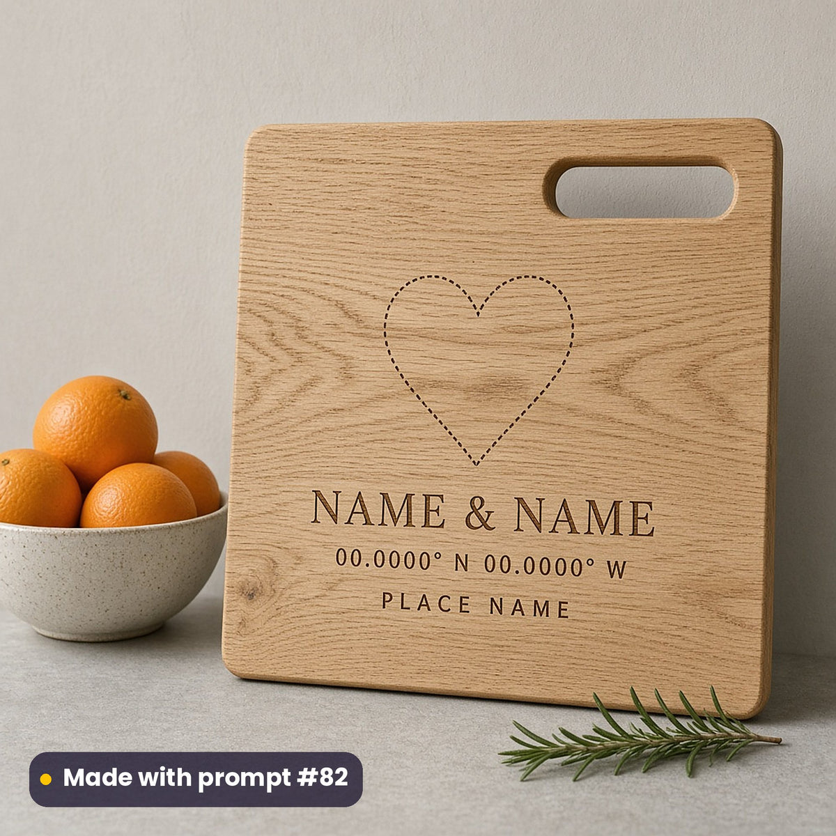 Oak chopping board engraved with a dotted heart above NAME & NAME, 00.0000° N 00.0000° W and PLACE NAME placeholder text, beside oranges, made with prompt #82