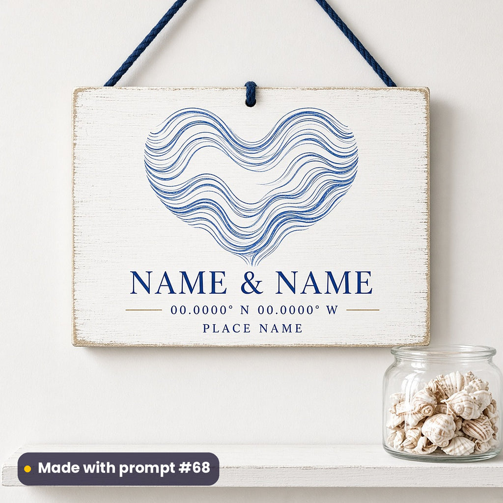 Whitewashed hanging plaque printed with a blue wave-line heart above NAME & NAME, 00.0000° N 00.0000° W and PLACE NAME placeholder text, made with prompt #68