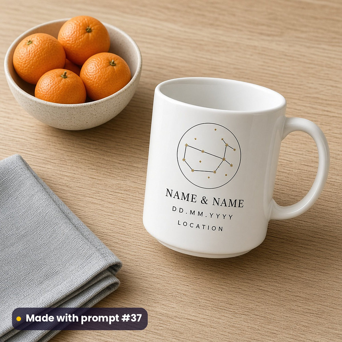 White mug printed with a thin-line constellation circle above NAME & NAME, DD.MM.YYYY and LOCATION placeholder text, beside clementines, made with prompt #37