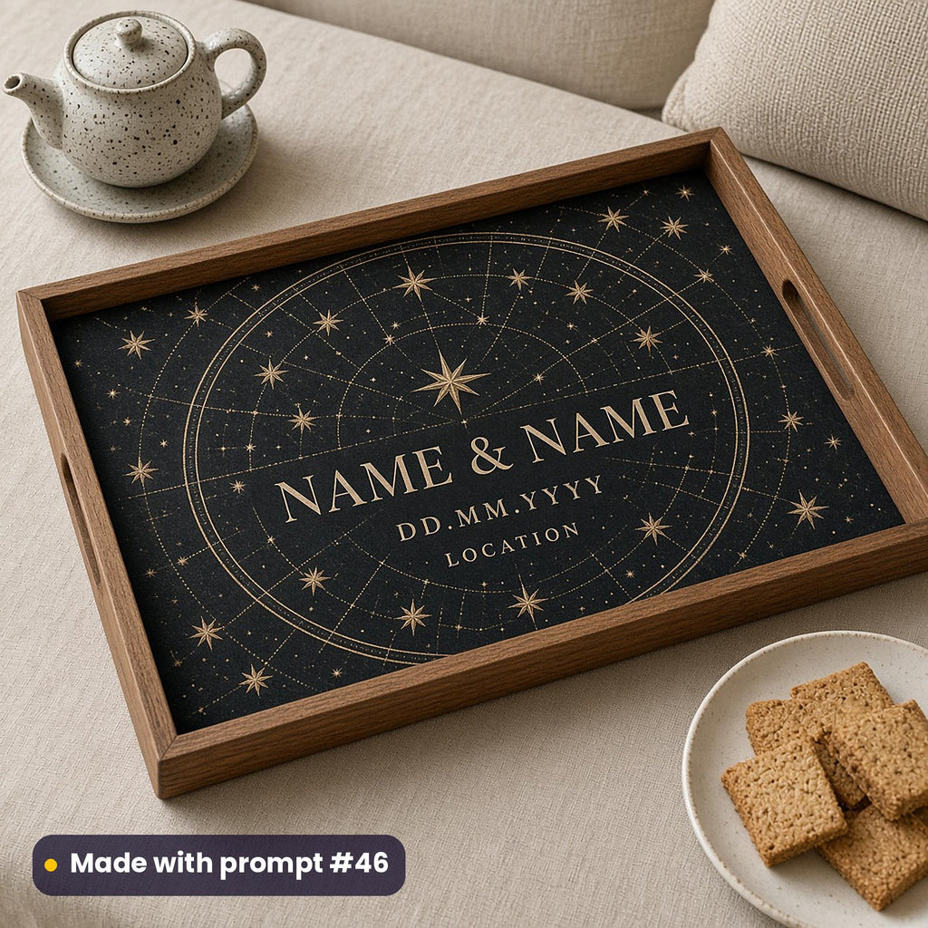 Wooden tray printed with a gold star chart on black around NAME & NAME, DD.MM.YYYY and LOCATION placeholder text, beside biscuits, made with prompt #46