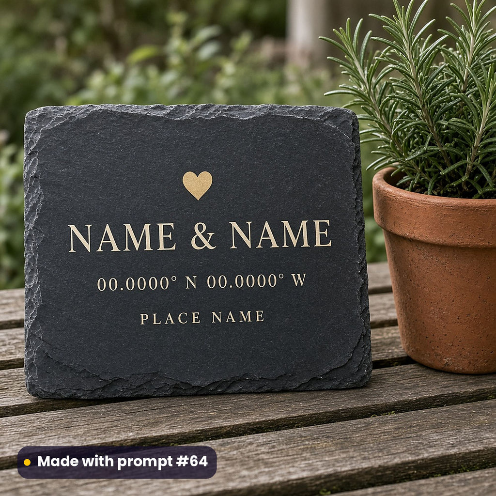 Slate sign printed in ivory and gold with a small heart above NAME & NAME, 00.0000° N 00.0000° W and PLACE NAME placeholder text, beside rosemary, made with prompt #64