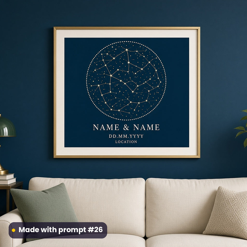 Framed wall art of a gold constellation circle on navy above NAME & NAME, DD.MM.YYYY and LOCATION placeholder text, above a sofa, made with prompt #26