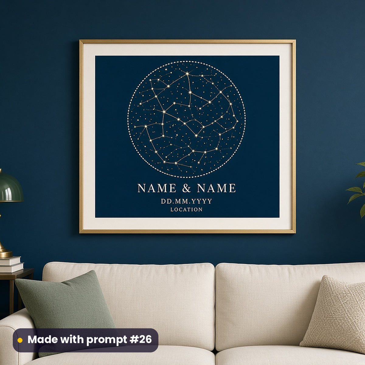 Framed wall art of a gold constellation circle on navy above NAME & NAME, DD.MM.YYYY and LOCATION placeholder text, above a sofa, made with prompt #26