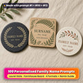 Three personalised family name coasters on linen: a slate coaster with a gold laurel wreath, an oak coaster with green ferns and a ceramic coaster with terracotta and sage leaves, reading FAMILY NAME, SURNAME, EST. YEAR and YOUR MESSAGE as placeholder text, made with prompt #1 + #60 + #13