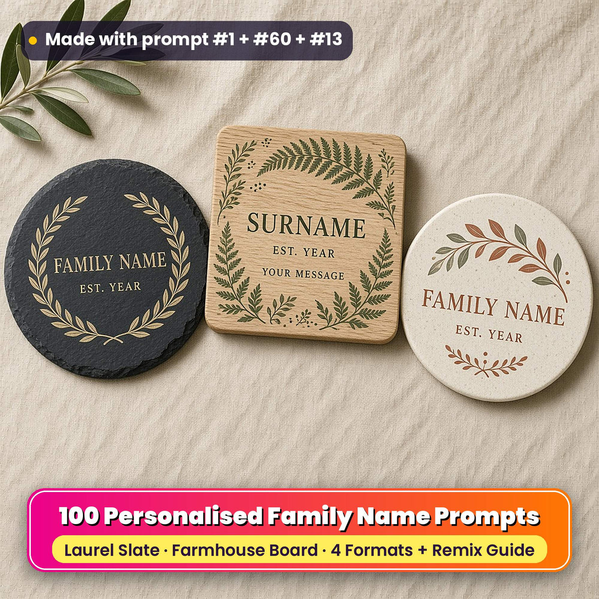 Three personalised family name coasters on linen: a slate coaster with a gold laurel wreath, an oak coaster with green ferns and a ceramic coaster with terracotta and sage leaves, reading FAMILY NAME, SURNAME, EST. YEAR and YOUR MESSAGE as placeholder text, made with prompt #1 + #60 + #13