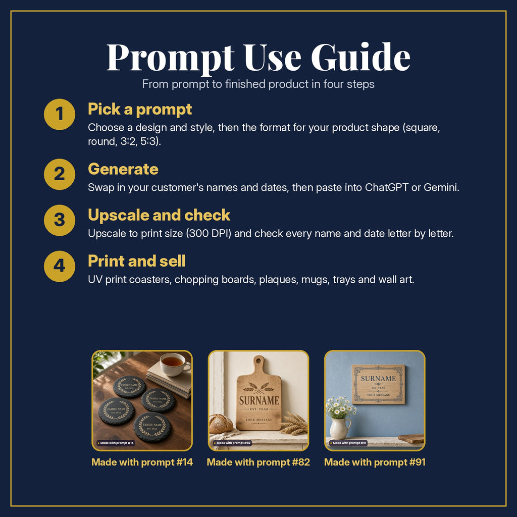 Prompt Use Guide in four steps: pick a prompt, generate, upscale and check, print and sell, with example products made with prompt #14, prompt #82, prompt #91