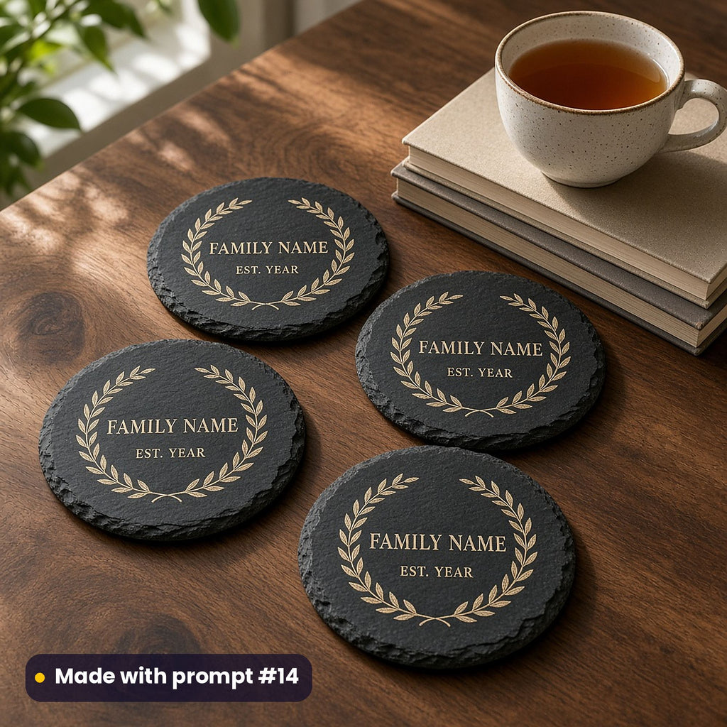 Four round slate coasters printed in ivory and mocha with a laurel wreath around FAMILY NAME and EST. YEAR placeholder text, beside tea and books, made with prompt #14