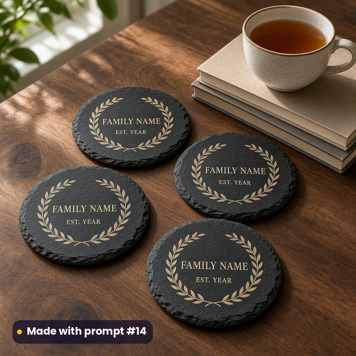 Four round slate coasters printed in ivory and mocha with a laurel wreath around FAMILY NAME and EST. YEAR placeholder text, beside tea and books, made with prompt #14