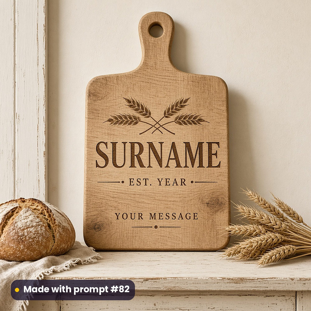 Rustic oak chopping board engraved with crossed wheat above SURNAME, EST. YEAR and YOUR MESSAGE placeholder text, beside bread and wheat, made with prompt #82