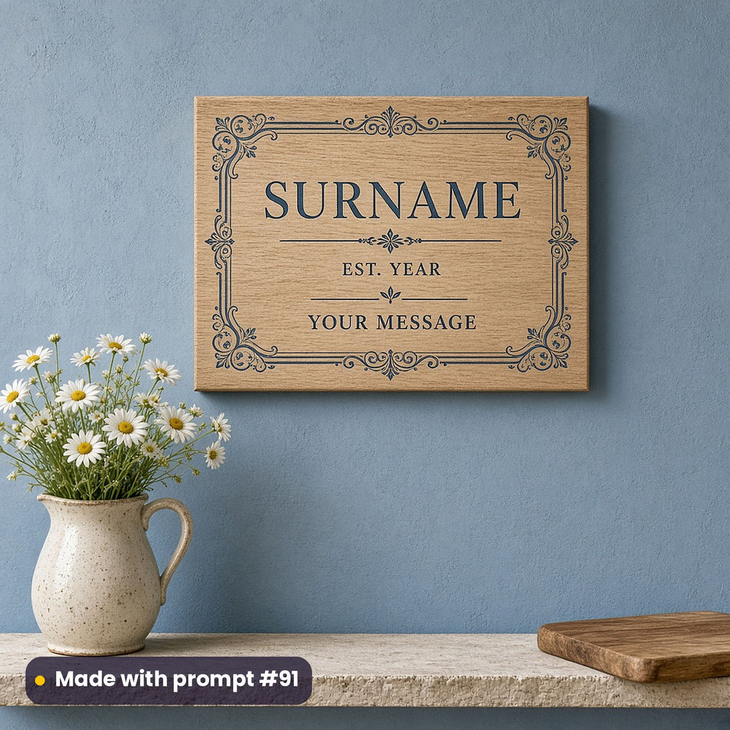 Oak wall plaque printed with a stone blue decorative frame around SURNAME, EST. YEAR and YOUR MESSAGE placeholder text, above daisies, made with prompt #91