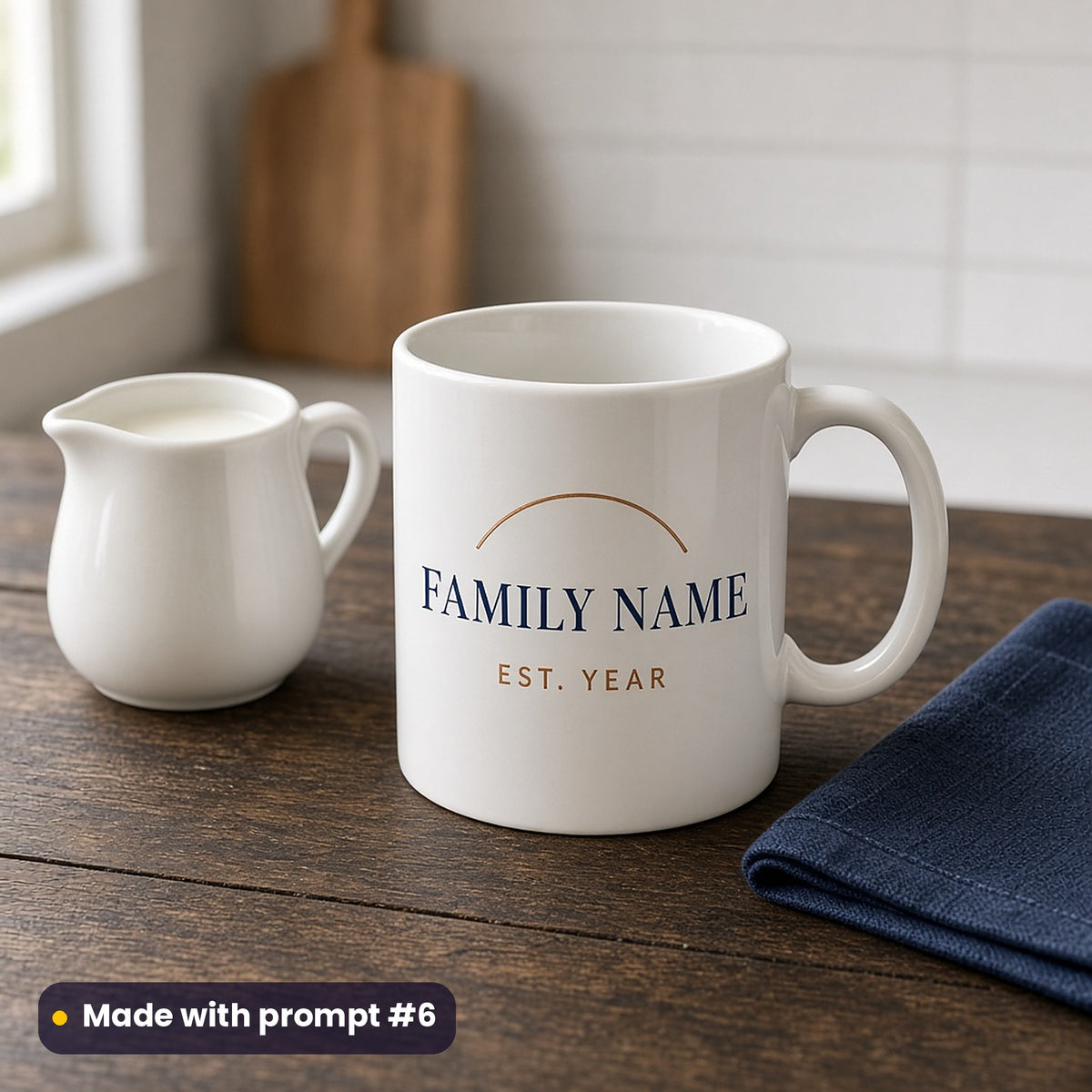 White mug printed with a copper line arch above FAMILY NAME and EST. YEAR placeholder text in navy and copper, beside a milk jug, made with prompt #6