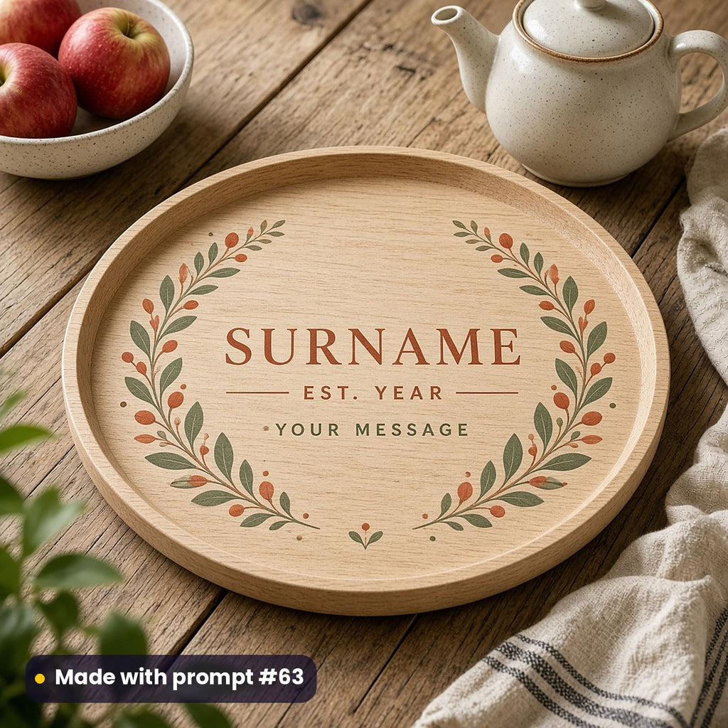 Round wooden tray printed with terracotta and sage folk leaves around SURNAME, EST. YEAR and YOUR MESSAGE placeholder text, beside apples, made with prompt #63