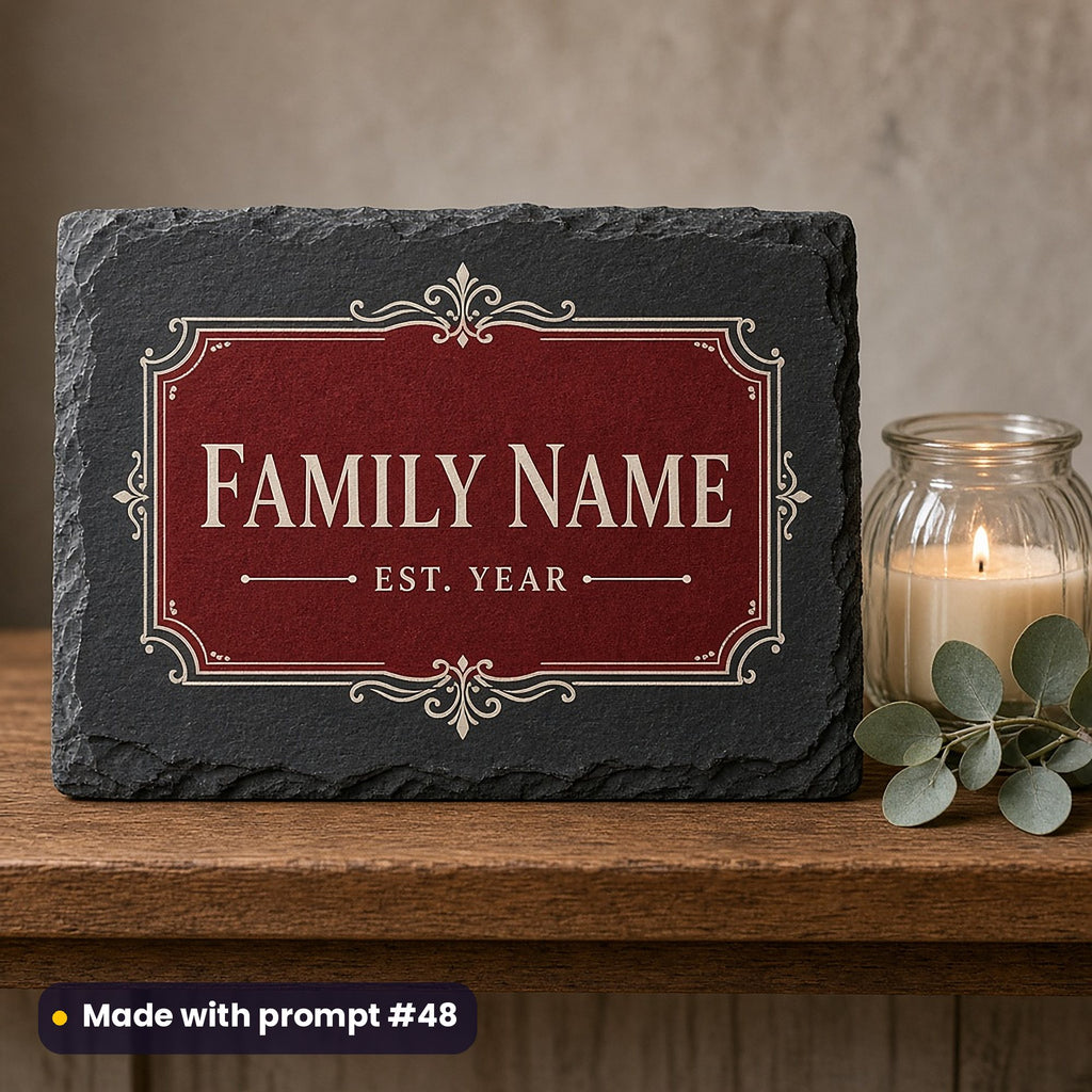 Slate family sign with a ruby panel and ivory ornamental border around FAMILY NAME and EST. YEAR placeholder text, on a mantelpiece, made with prompt #48