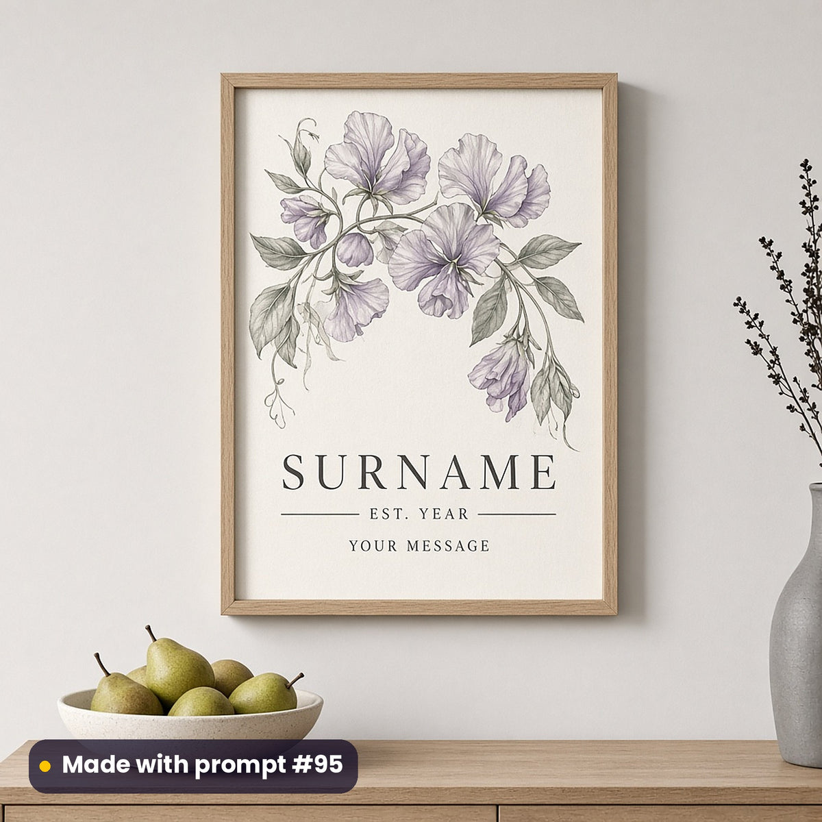 Framed wall art of painterly lilac sweet peas above SURNAME, EST. YEAR and YOUR MESSAGE placeholder text, above a sideboard, made with prompt #95