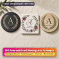 Three personalised monogram coasters on linen: a slate coaster with a gold laurel wreath, a ceramic coaster with burgundy watercolour roses and an oak coaster with a green fern wreath, reading A, YOUR SUBTEXT, NAME and DD.MM.YYYY as placeholder text, made with prompt #1 + #57 + #10