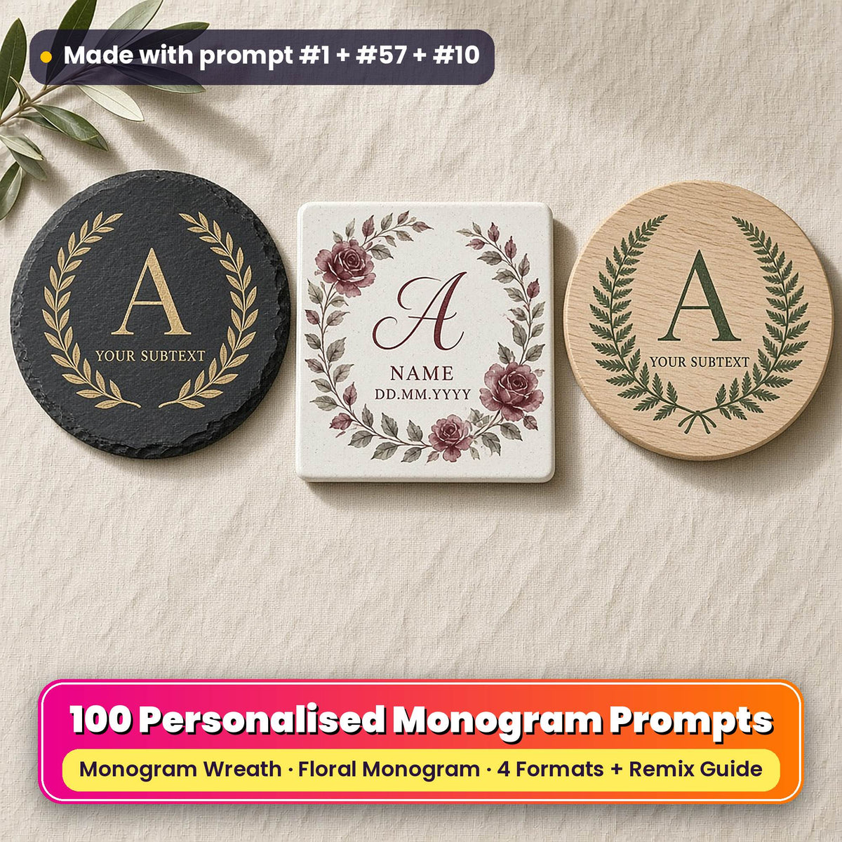 Three personalised monogram coasters on linen: a slate coaster with a gold laurel wreath, a ceramic coaster with burgundy watercolour roses and an oak coaster with a green fern wreath, reading A, YOUR SUBTEXT, NAME and DD.MM.YYYY as placeholder text, made with prompt #1 + #57 + #10