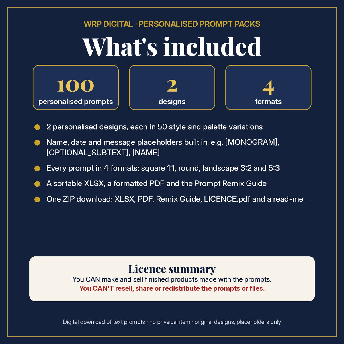 What's included: 100 personalised prompts, 2 designs with name, date and message placeholders, 4 formats (square, round, 3:2, 5:3), XLSX and PDF, Prompt Remix Guide, ZIP, and a licence summary