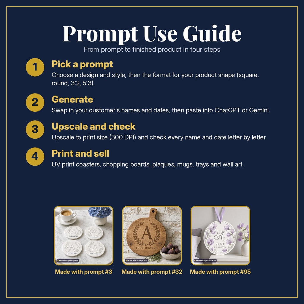Prompt Use Guide in four steps: pick a prompt, generate, upscale and check, print and sell, with example products made with prompt #3, prompt #32, prompt #95