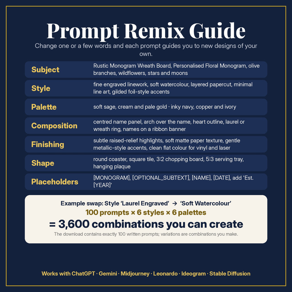 Prompt Remix Guide: change subject, style, palette, composition, finishing, shape and placeholders; 100 prompts × 6 styles × 6 palettes = 3,600 combinations you can create