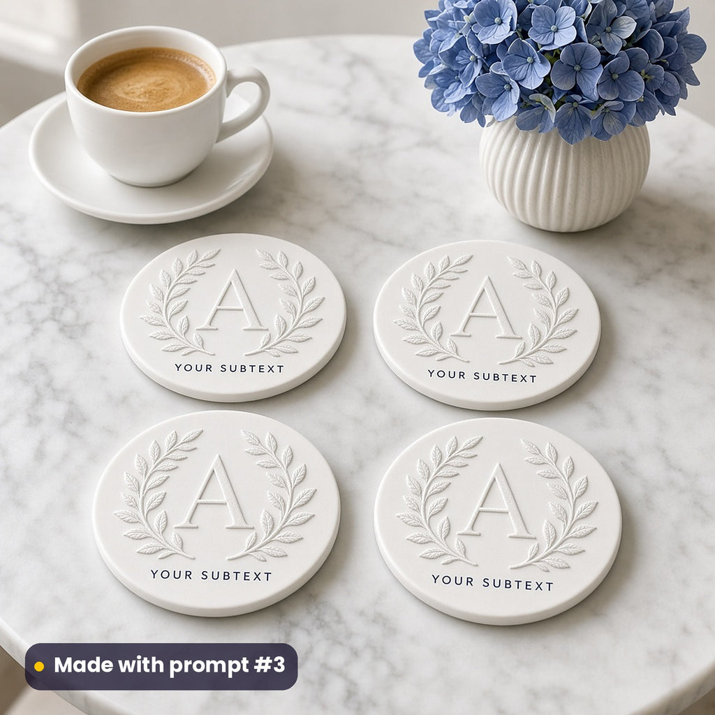 Four round white ceramic coasters with a raised-effect leaf wreath around a monogram letter A and YOUR SUBTEXT placeholder text, beside hydrangeas, made with prompt #3