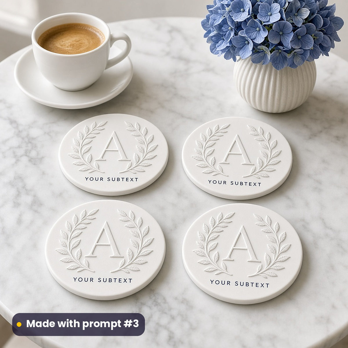 Four round white ceramic coasters with a raised-effect leaf wreath around a monogram letter A and YOUR SUBTEXT placeholder text, beside hydrangeas, made with prompt #3