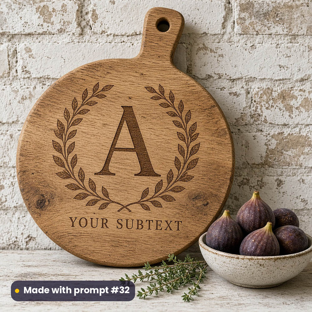 Round oak paddle board engraved with a leafy wreath around a monogram letter A and YOUR SUBTEXT placeholder text, beside figs and thyme, made with prompt #32