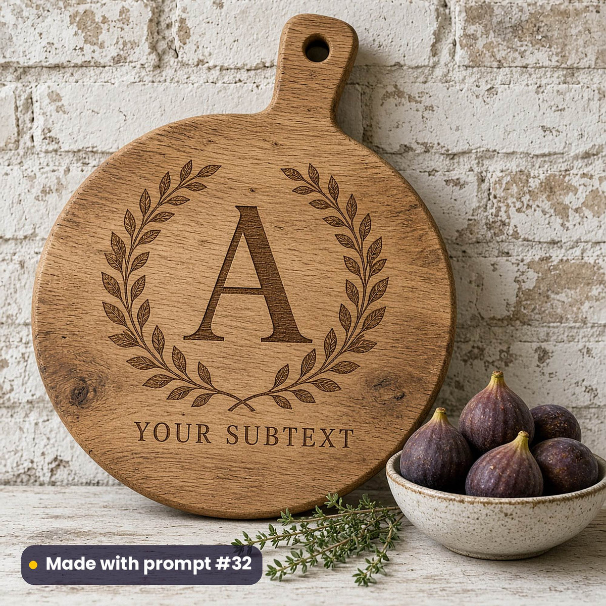 Round oak paddle board engraved with a leafy wreath around a monogram letter A and YOUR SUBTEXT placeholder text, beside figs and thyme, made with prompt #32