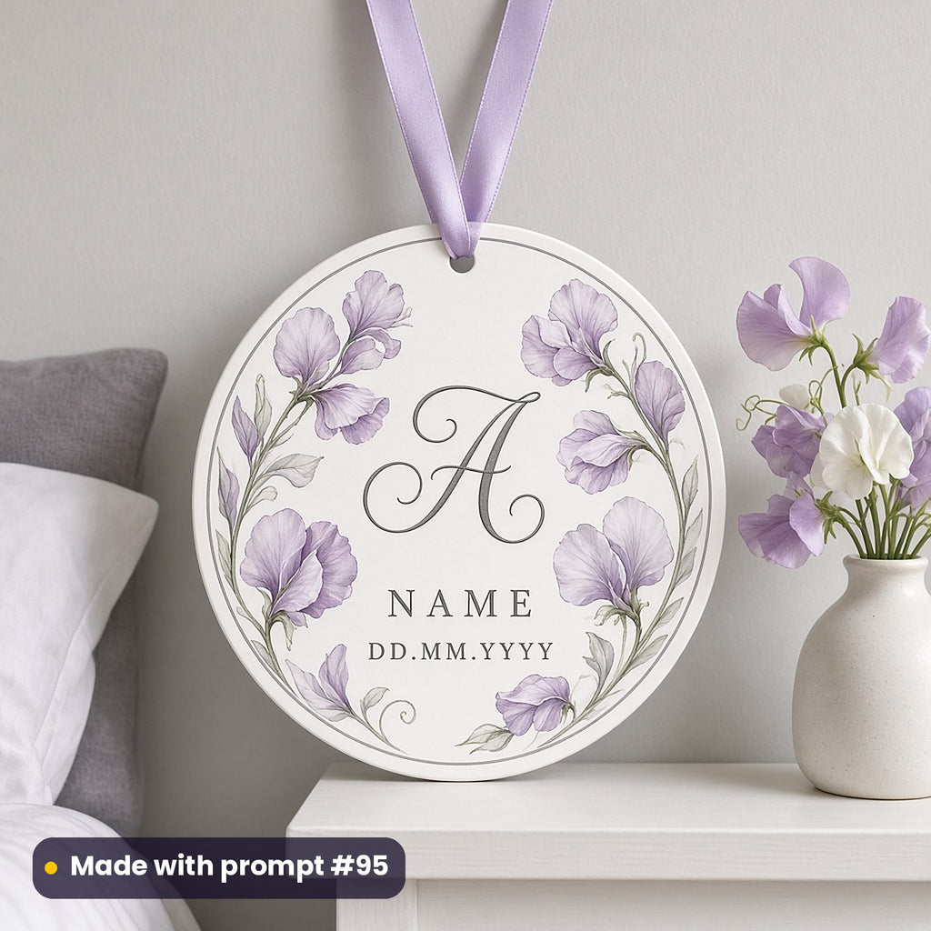 Round white plaque on a lilac ribbon printed with painterly sweet peas around a script letter A, NAME and DD.MM.YYYY placeholder text, made with prompt #95